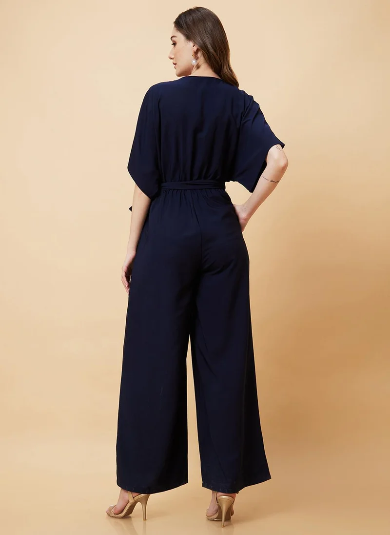 globus Navy Globus Women V Cut & Kimono Sleeves Waist Tie-Up Longline Jumpsuit for Women | Best Price UAE